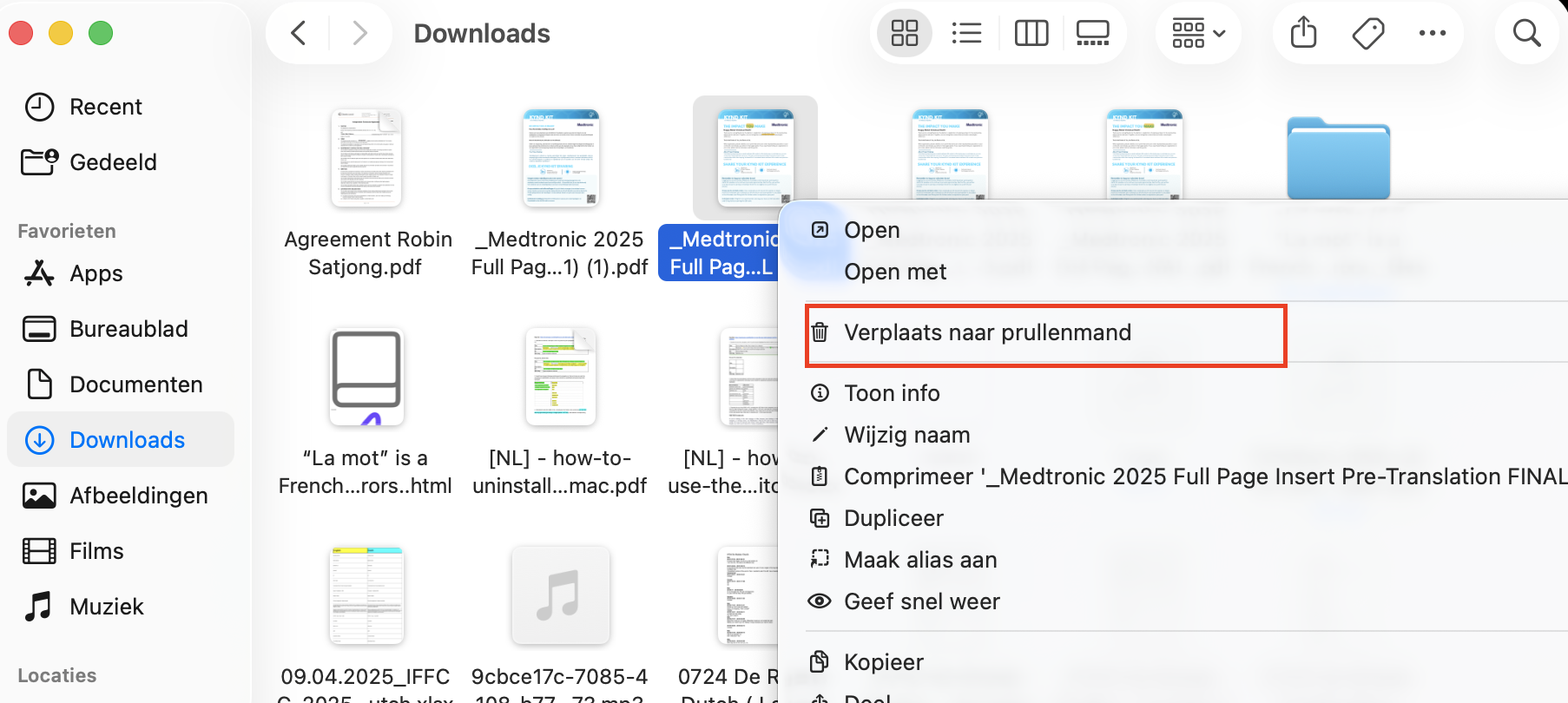 Om opslag op de Mac op te ruimen, selecteer items die je wilt verwijderen, klik met de rechtermuisknop en kies Verplaats naar Prullenmand.