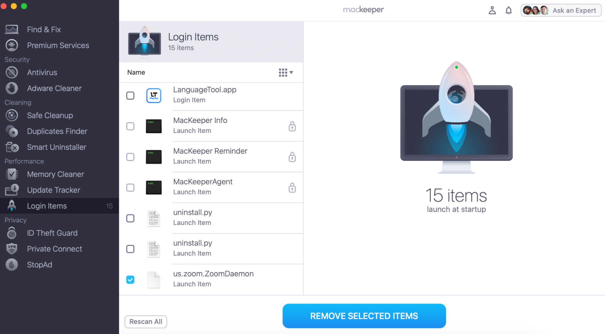 To continue the startup items management on your Apple laptop, wait until the scan is over. Then, tick the desired boxes to remove the program from the login items list for the future and click on Remove Selected Items.