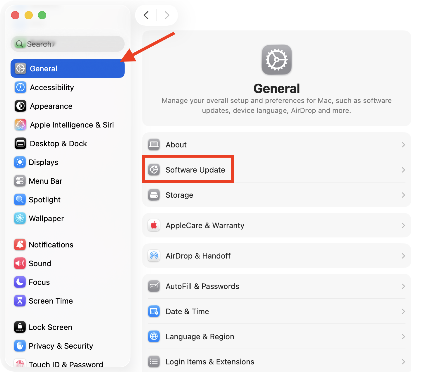 The Software Update option in System Settings > General on Mac. If your HDMI is not working on Mac, install any macOS updates that are available to eliminate bugs.