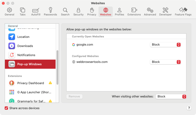 Select Websites > Pop-Up Windows in Safari's settings. Here you'll be able to any pop-ups that are currently blocked or allowed.