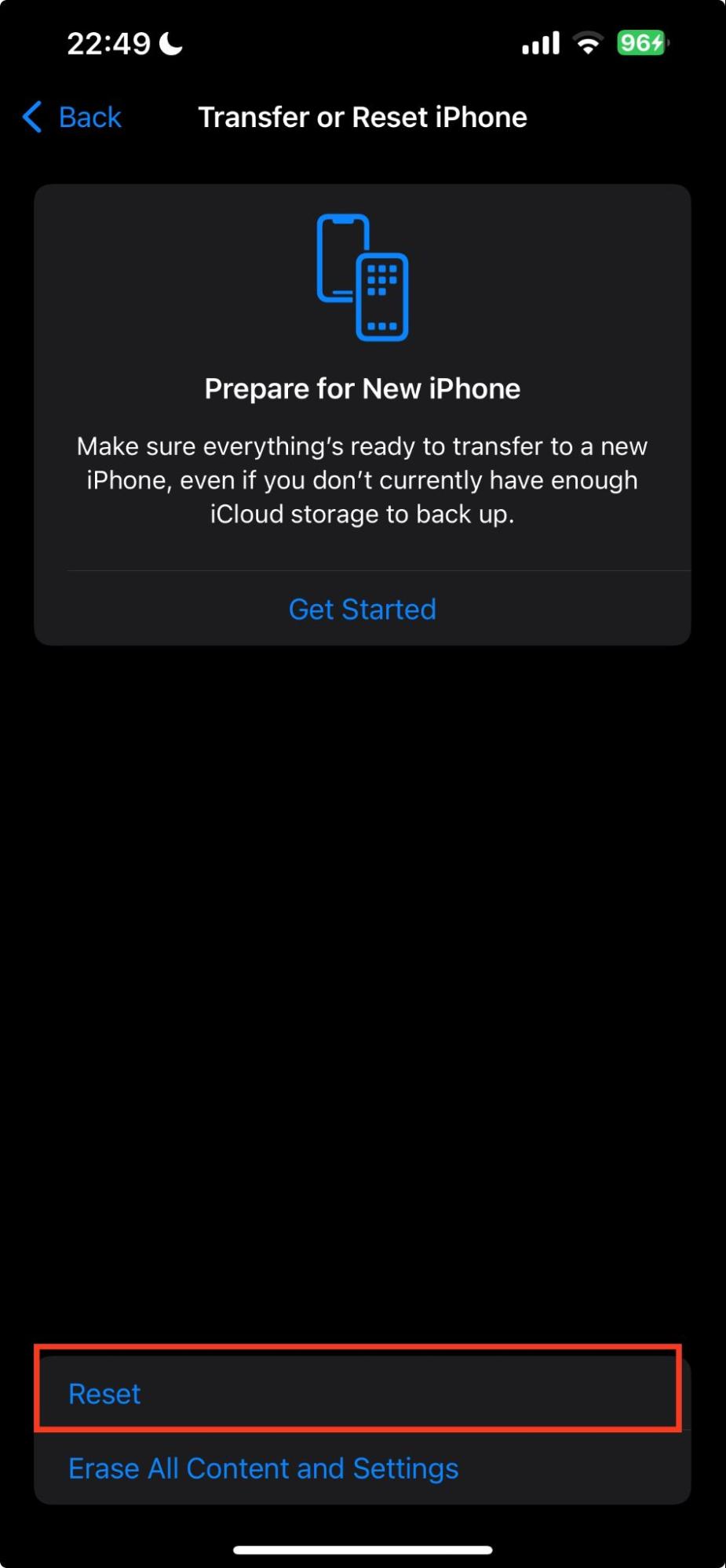 The Transfer or Reset iPhone page appears on an iOS device. Choose the Reset option to reset network settings on your iPhone.