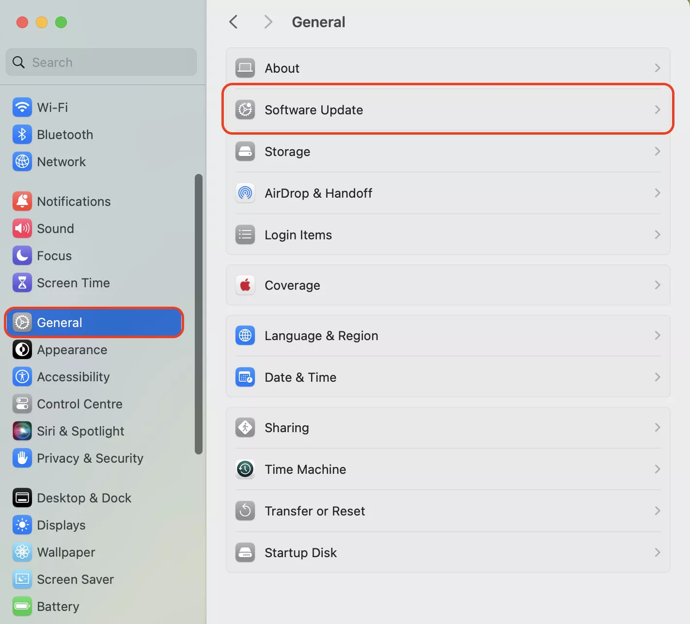 To update macOS, as another Flash Drive troubleshooting method, open the System Settings from the Apple menu, scroll down to the General tab, and select the Software Update option at the top of the window opened