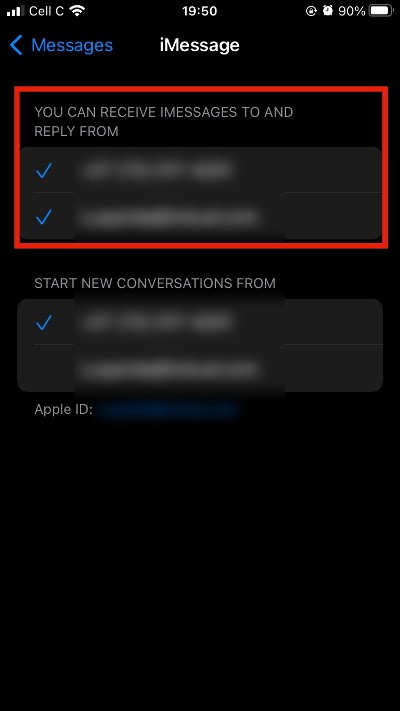 Message settings page showing email, phone number, and Apple ID