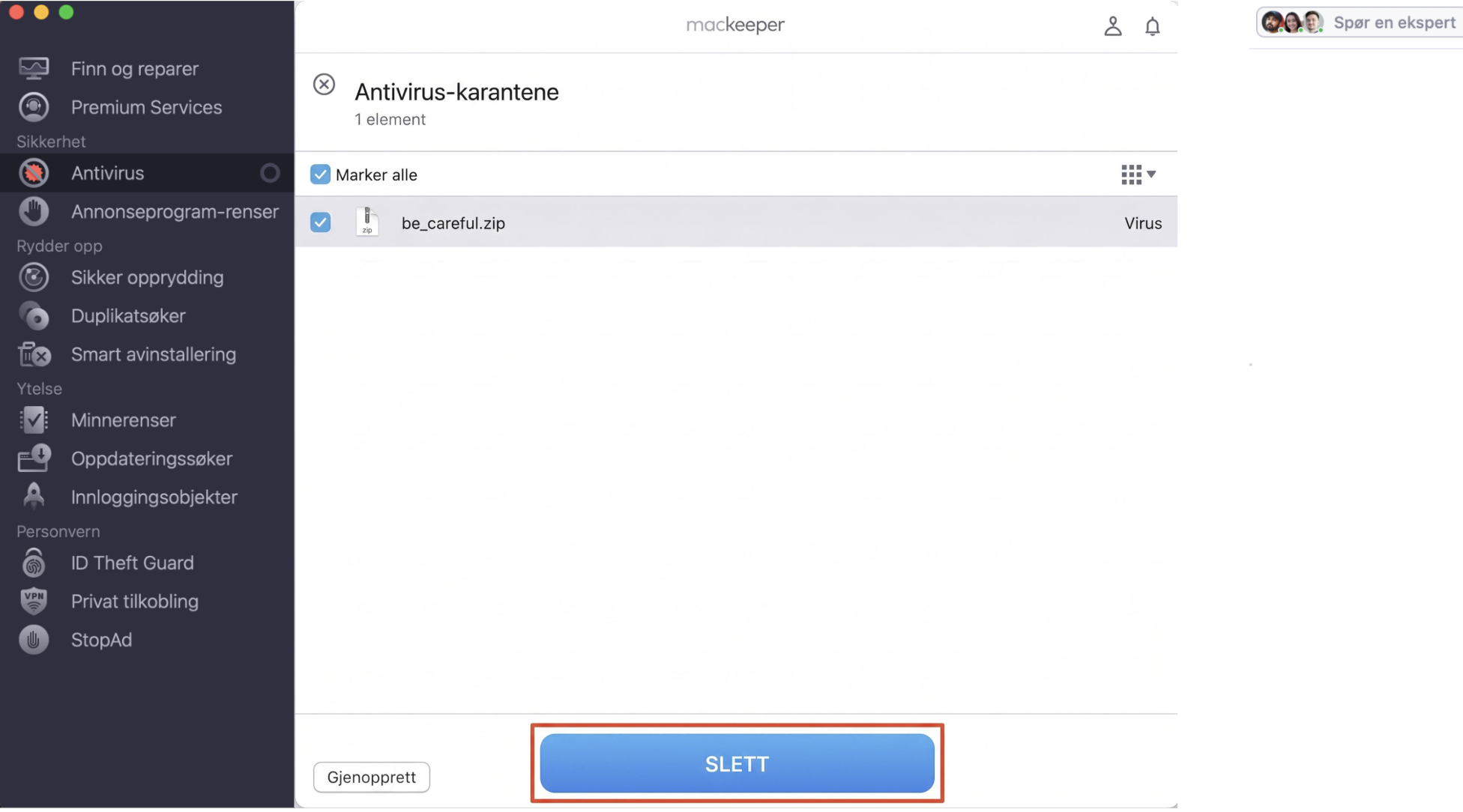 For å slette all skadelig programvare som er funnet på Macen din, klikker du på Slett i MacKeeper-appen.