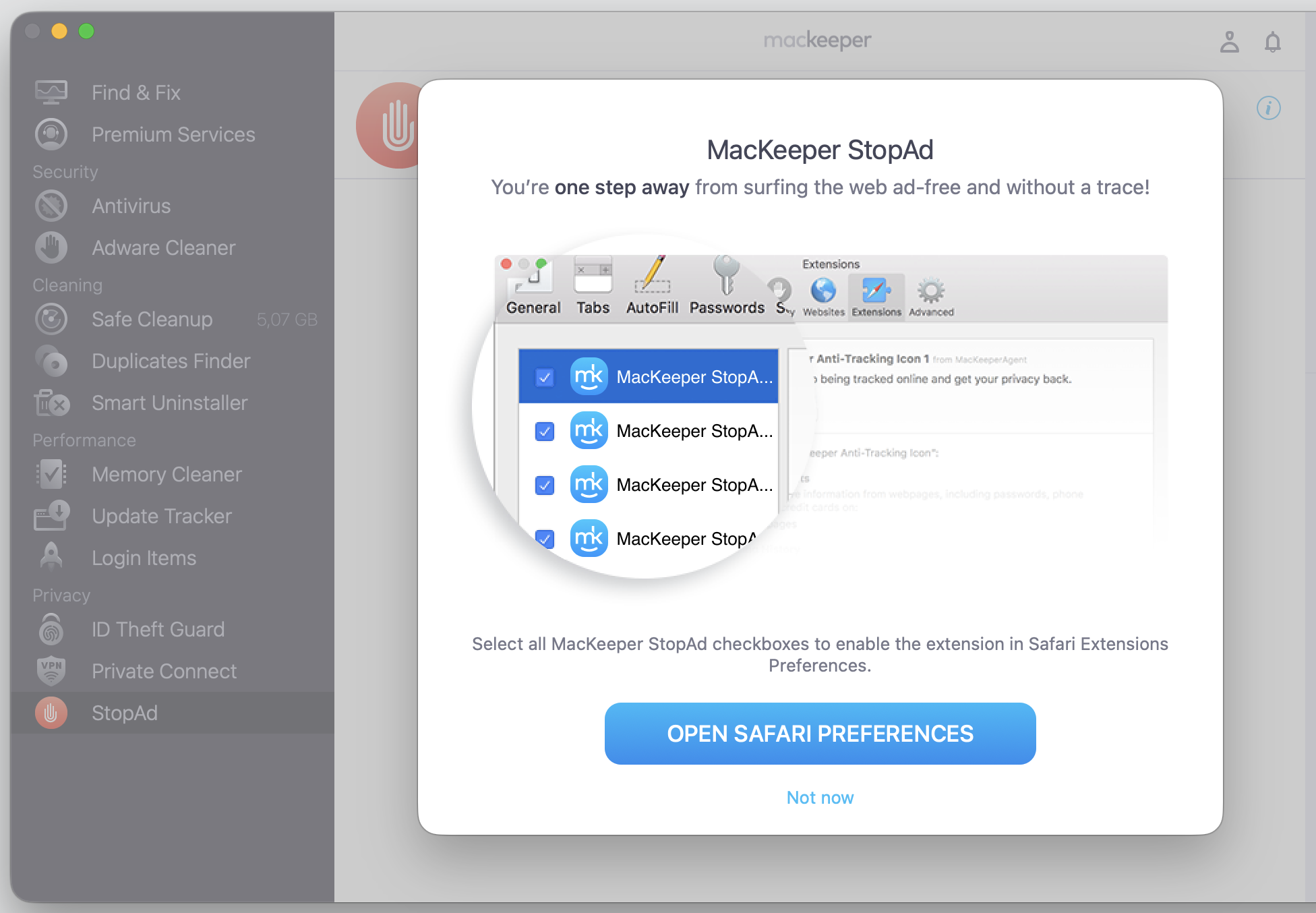 The StopAd screen in the MacKeeper app on an iMac, showing Enable and Install buttons for the Safari and Chrome ad-blocking extensions.