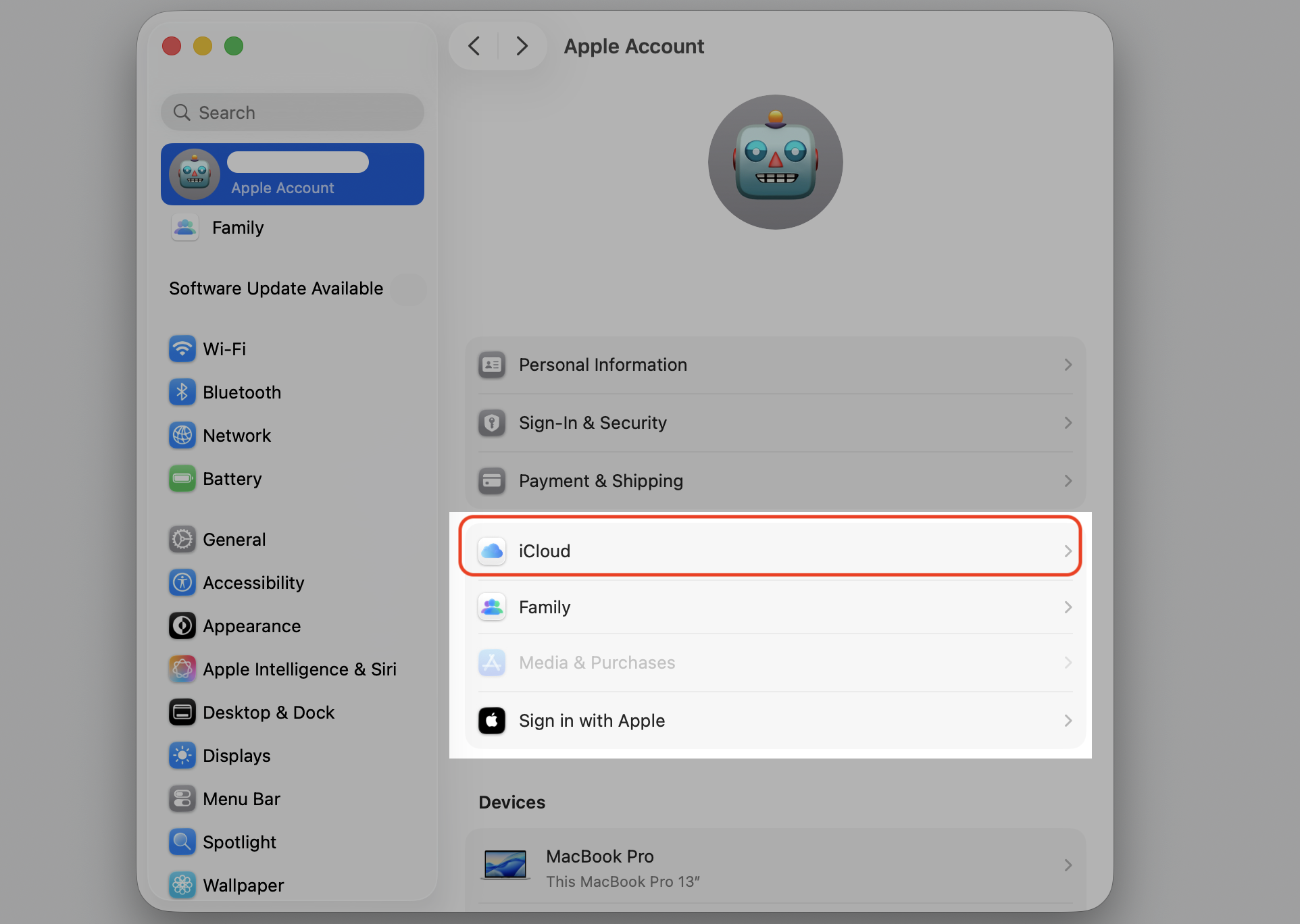 Apple Account screen in macOS Tahoe System Settings on an Apple laptop with the iCloud option selected to manage Drive syncing.