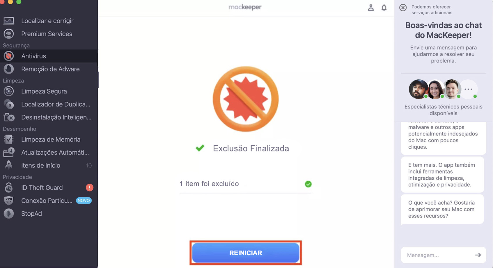 O Antivírus da MacKeeper no Mac confirma que todas as ameaças foram removidas. Se a pasta Aplicativos não estava aparecendo por causa de um vírus, clique em Reiniciar e verifique se ela voltou a ficar acessível.