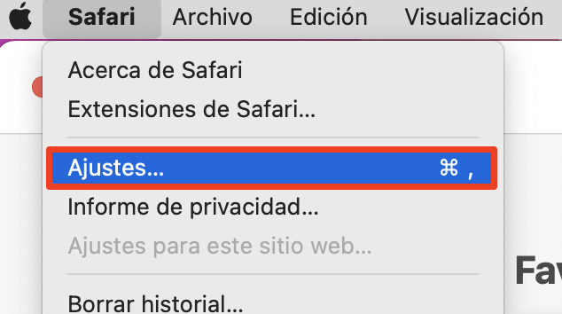 El menú Safari en Mac. Haz clic en Ajustes para abrir los Ajustes de Safari, donde podrás comprobar los ajustes de la página de inicio y del motor de búsqueda.