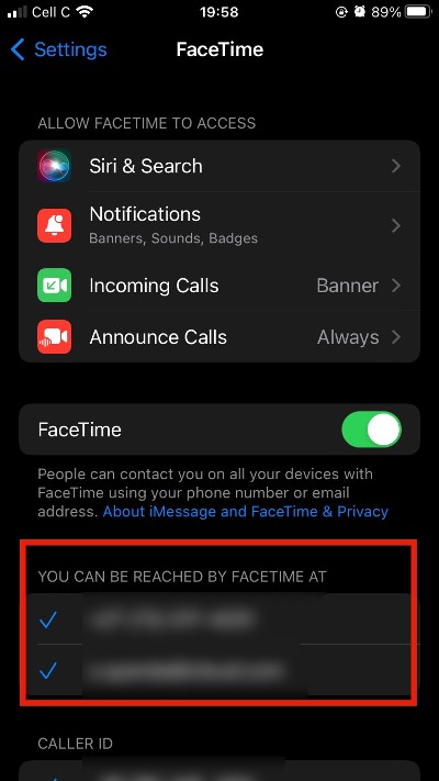 FaceTme settings showing email and number you can be reached at