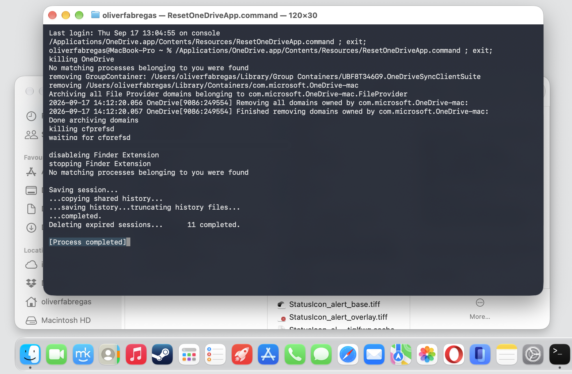 Terminal on macOS running ResetOneDriveApp.command and showing Process completed after resetting the damaged OneDrive app on your Mac.
