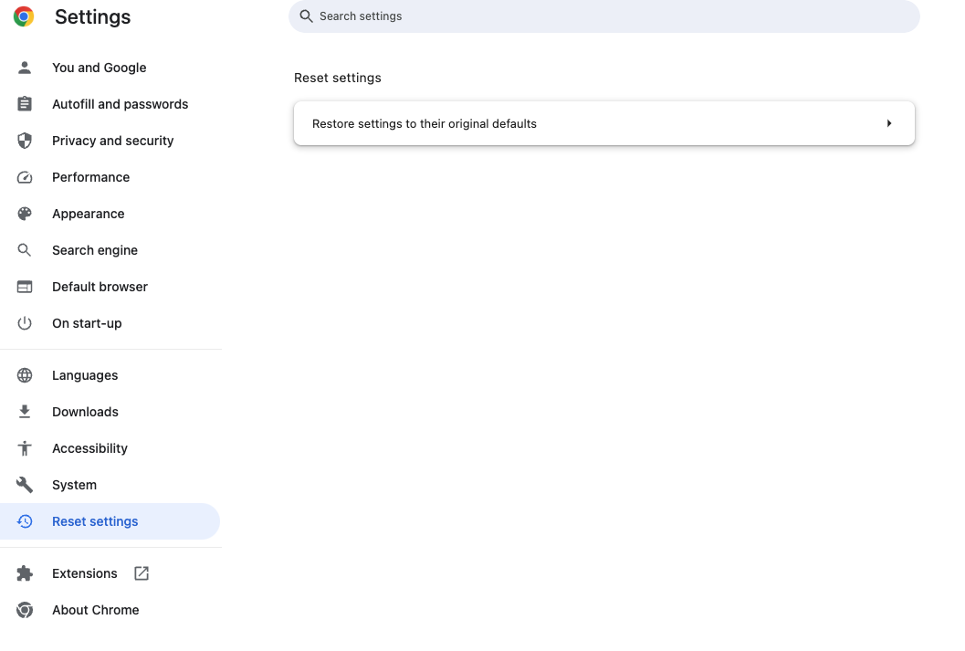 Resetting Chrome on Mac is easy. Simply go into the browser's Settings menu, then select 'Reset settings' from the sidebar on the left.