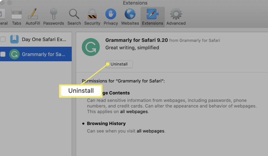 Next, you can open the Safari Extensions list and look for any that need updating, removing, or turning off to help speed up Safari.