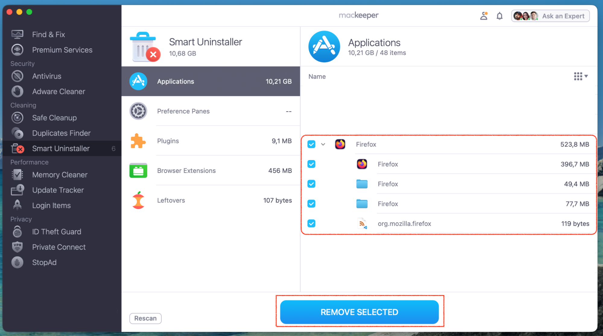 To finalize the Firefox removal from your MacBook, click under Firefox to see the full menu of application contents and choose all the boxes you need before clicking Remove Selected.