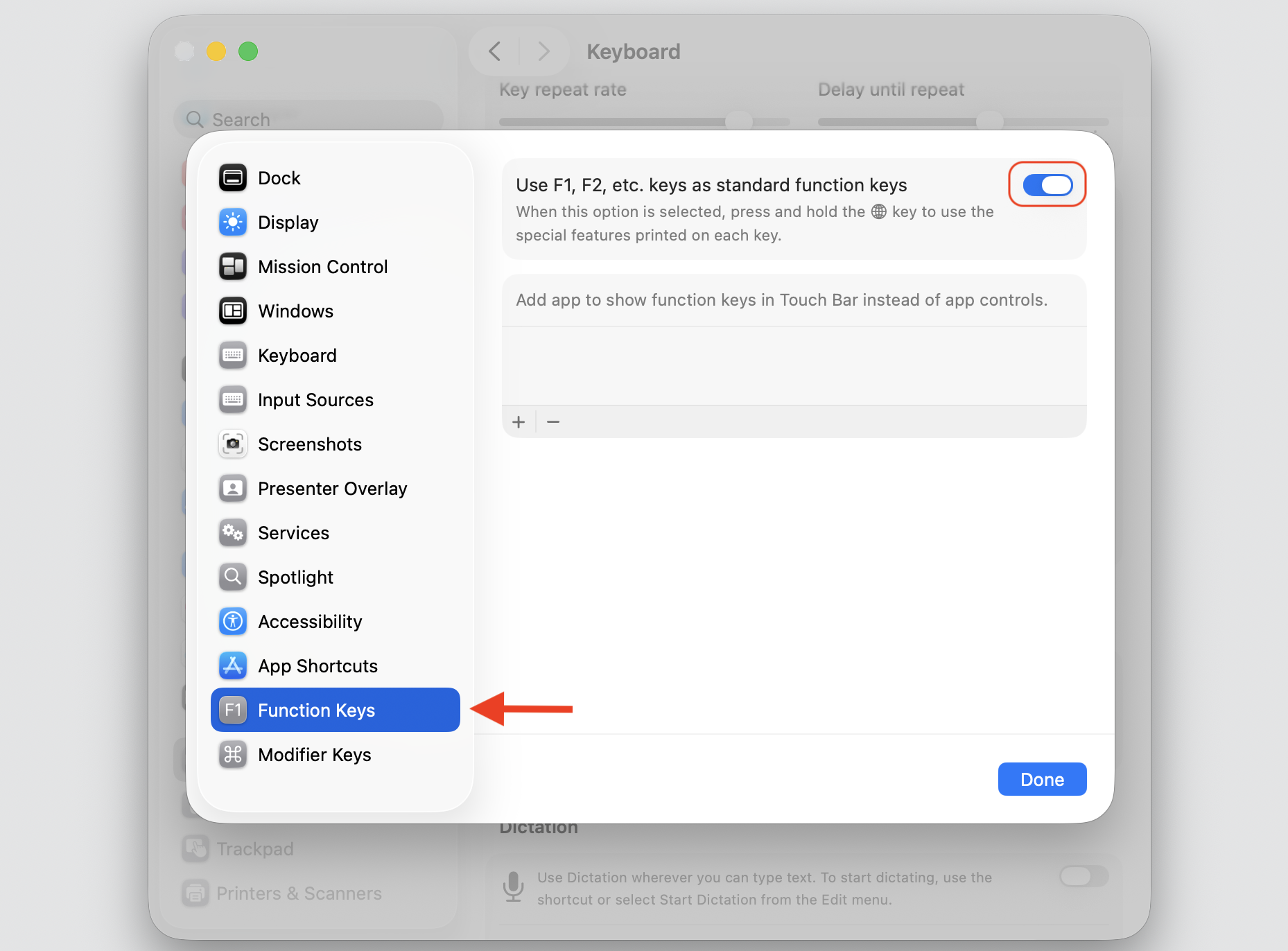 The Function Keys section of macOS Keyboard Shortcuts on a MacBook, toggling on Use F1, F2, etc. keys as standard function keys for hotkeys.