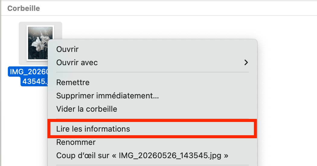La prochaine étape consiste à essayer de déverrouiller les fichiers qui ne peuvent pas être supprimés. Allez dans la Corbeille et sélectionnez Lire les informations.