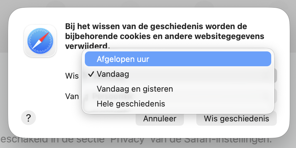 De melding ‘Wis geschiedenis’ in Safari op macOS toont een lijst met opties. Selecteer ‘Alle geschiedenis’.