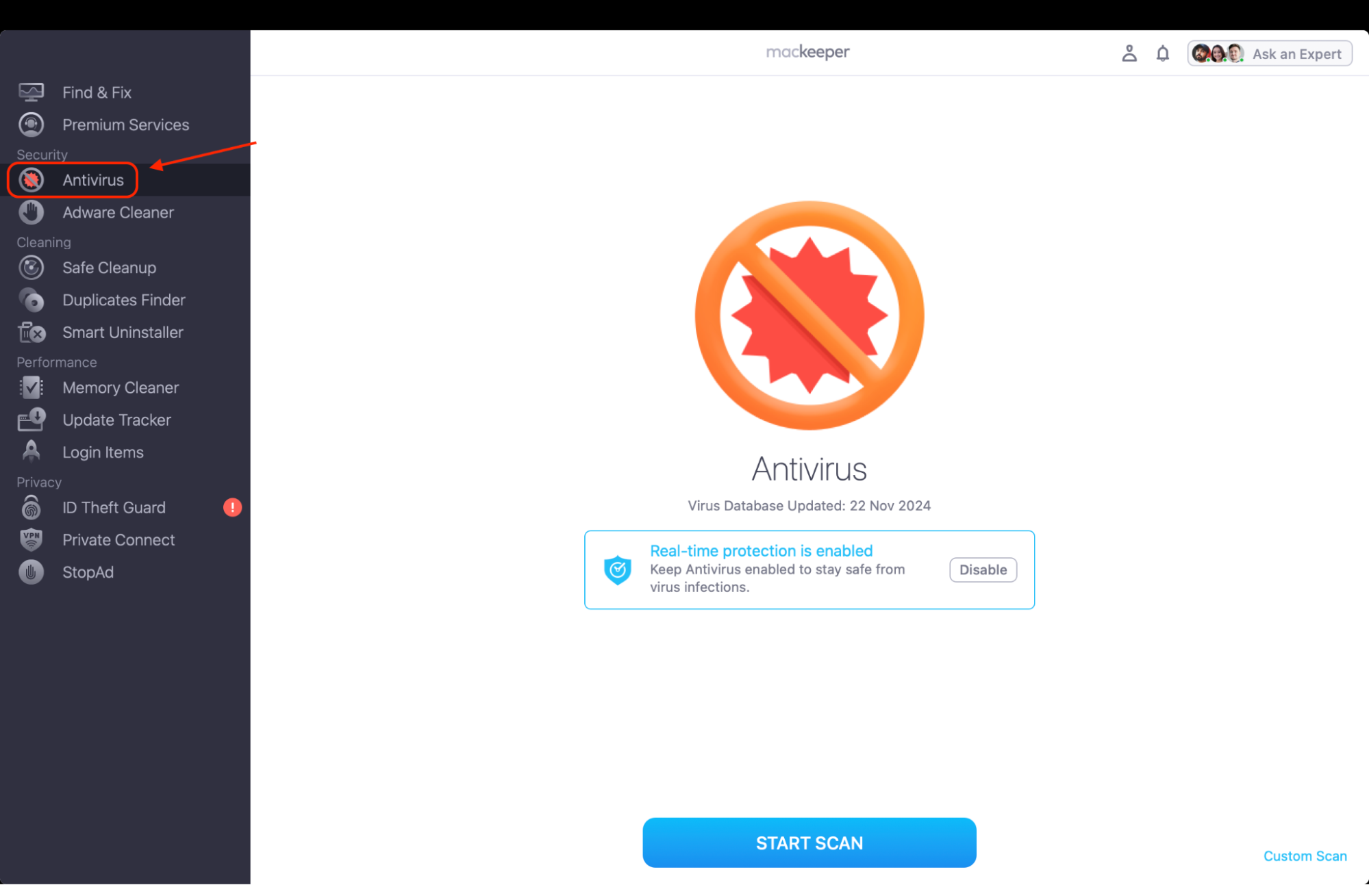 Open MacKeeper and locate the Antivirus section in the left sidebar to access security tools for scanning your Mac for malware and threats.