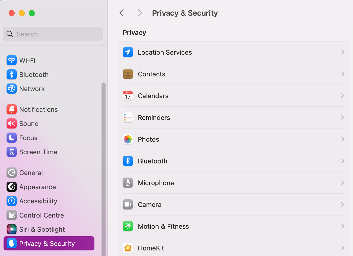 To review and toggle your camera- and microphone-related app permissions, first you’ll need to open System Settings. Then you’ll need to head into the Privacy & Security tab.