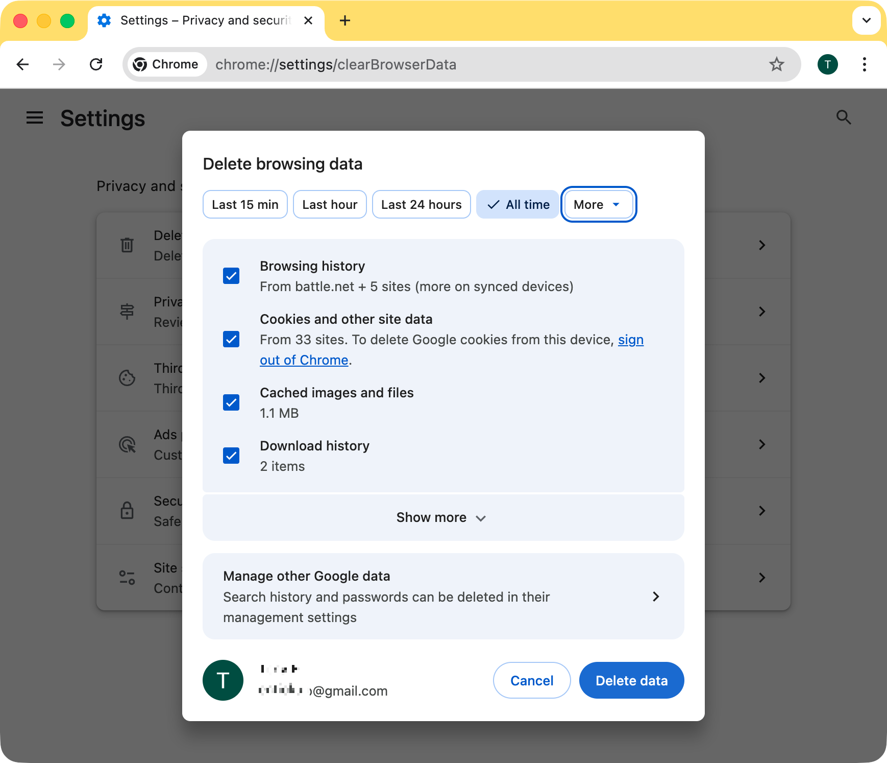 Chrome will now give you a range of options regarding which data you can clear out. First, select 'All time' from the options at the top, then click the 'Delete data' button.