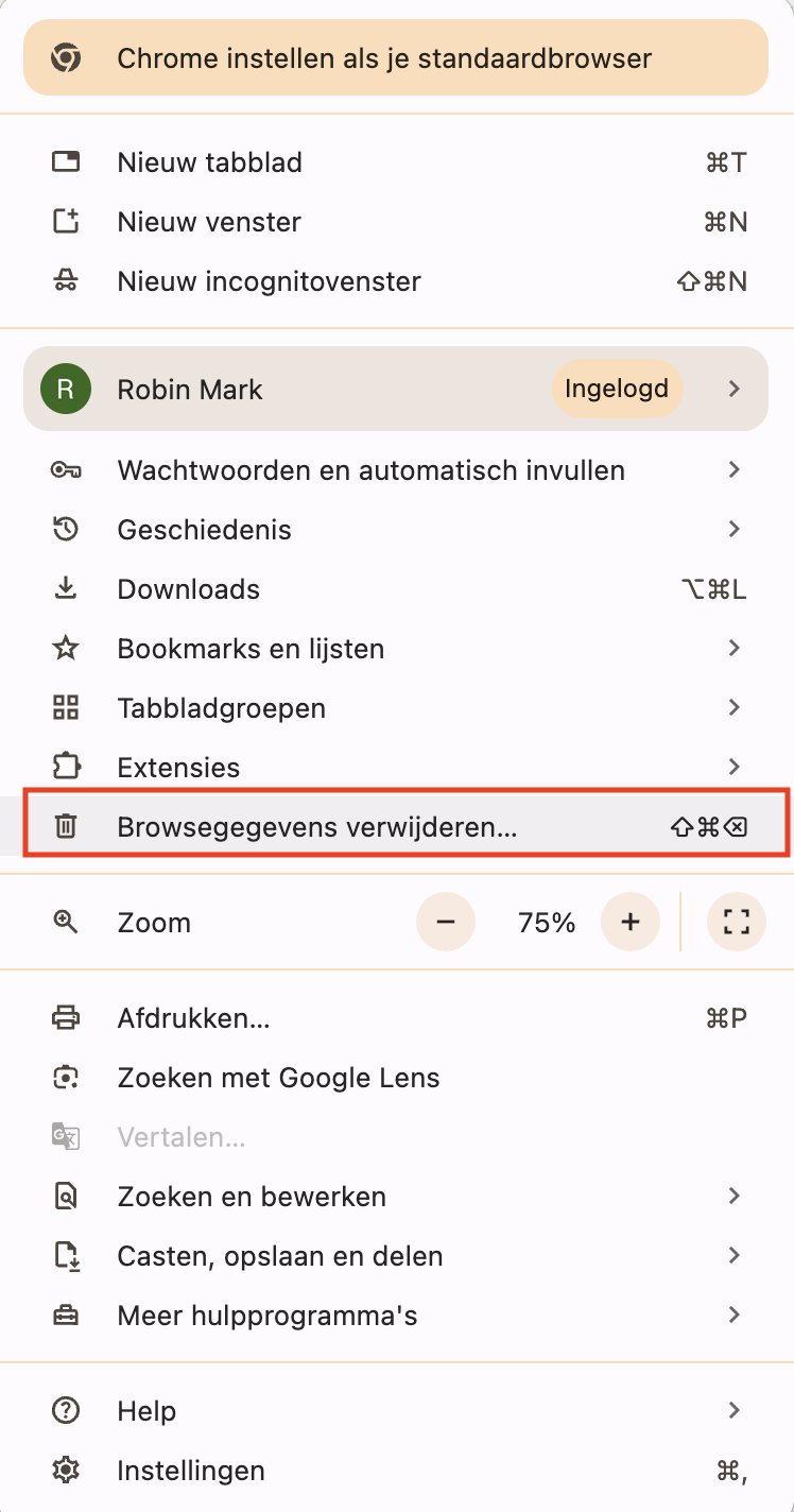 Klik in Chrome op ‘Browsinggegevens verwijderen’ om je gegevens te wissen
