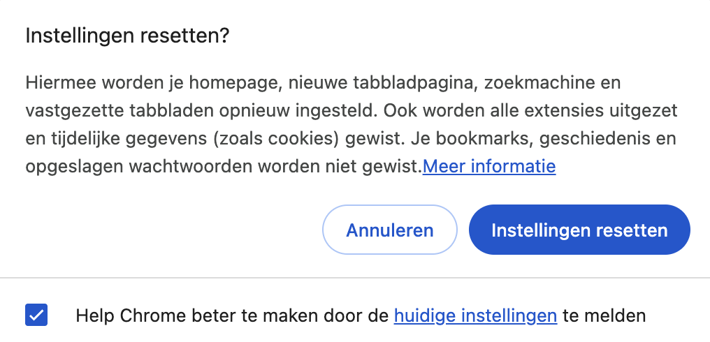 Om de reset te voltooien hoef je alleen op de knop Instellingen herstellen te klikken om te bevestigen dat je Google Chrome wilt terugzetten naar de standaardinstellingen.