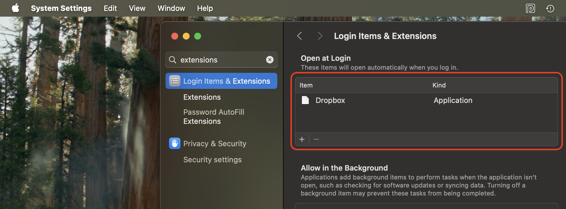 Open System Settings → Login Items & Extensions and disable unfamiliar add-ons to prevent background tools from causing freezes in System Settings.