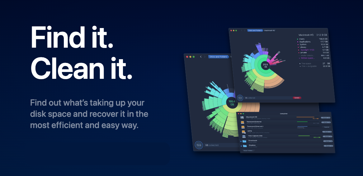 DaisyDisk promo on an Apple laptop showing colorful interactive disk maps that reveal what is taking up storage space to speed up your Mac.