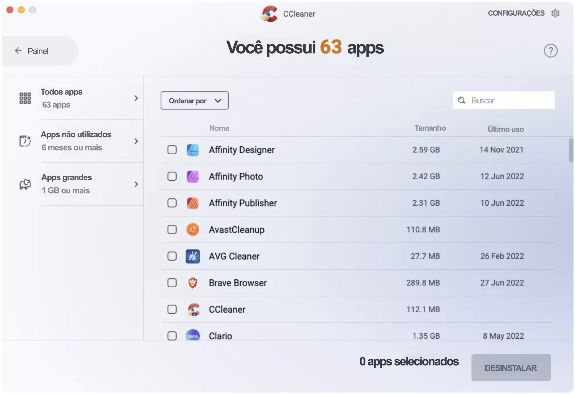 Se você tiver aplicativos no Mac que não utiliza mais, pode removê-los facilmente com o CCleaner para Mac. Basta selecioná-los e clicar em Desinstalar para concluir o processo.