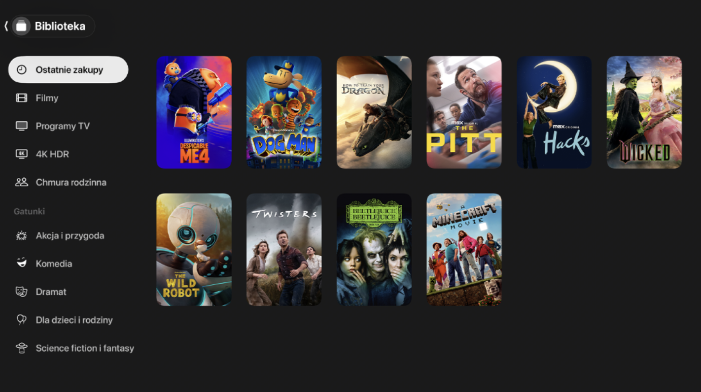 Otwórz aplikację Apple TV i wybierz Biblioteka, aby zobaczyć listę zapisanych filmów.