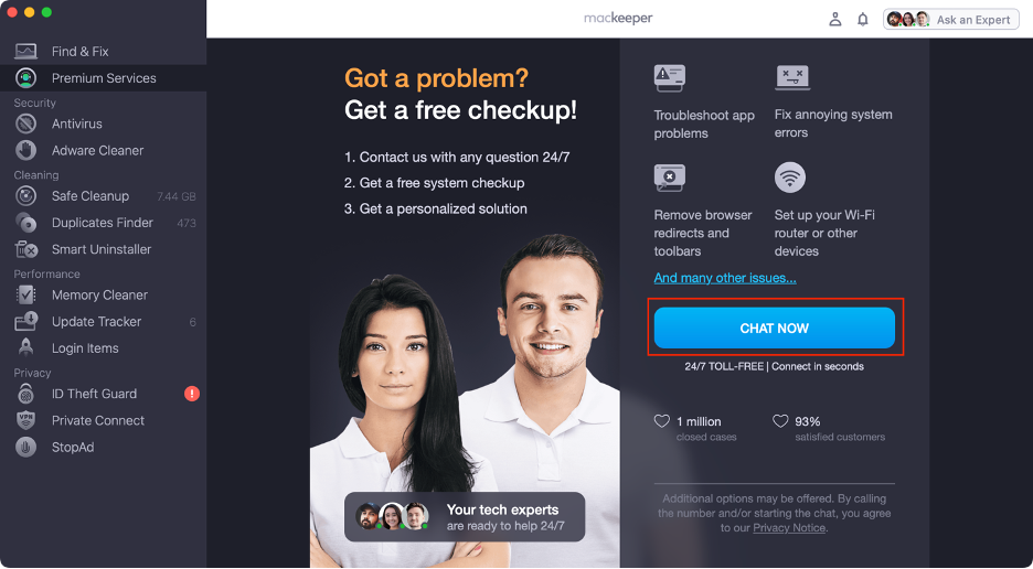MacKeeper's Premium Services screen on an iMac, clicking Chat Now to connect with an expert about the no manipulations with clipboard error.