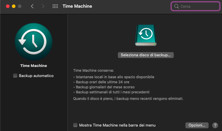 Prima di ogni aggiornamento, eseguire un backup dei dati del Mac. Poi trasferirlo tramite Time Machine o un'unità di archiviazione esterna.