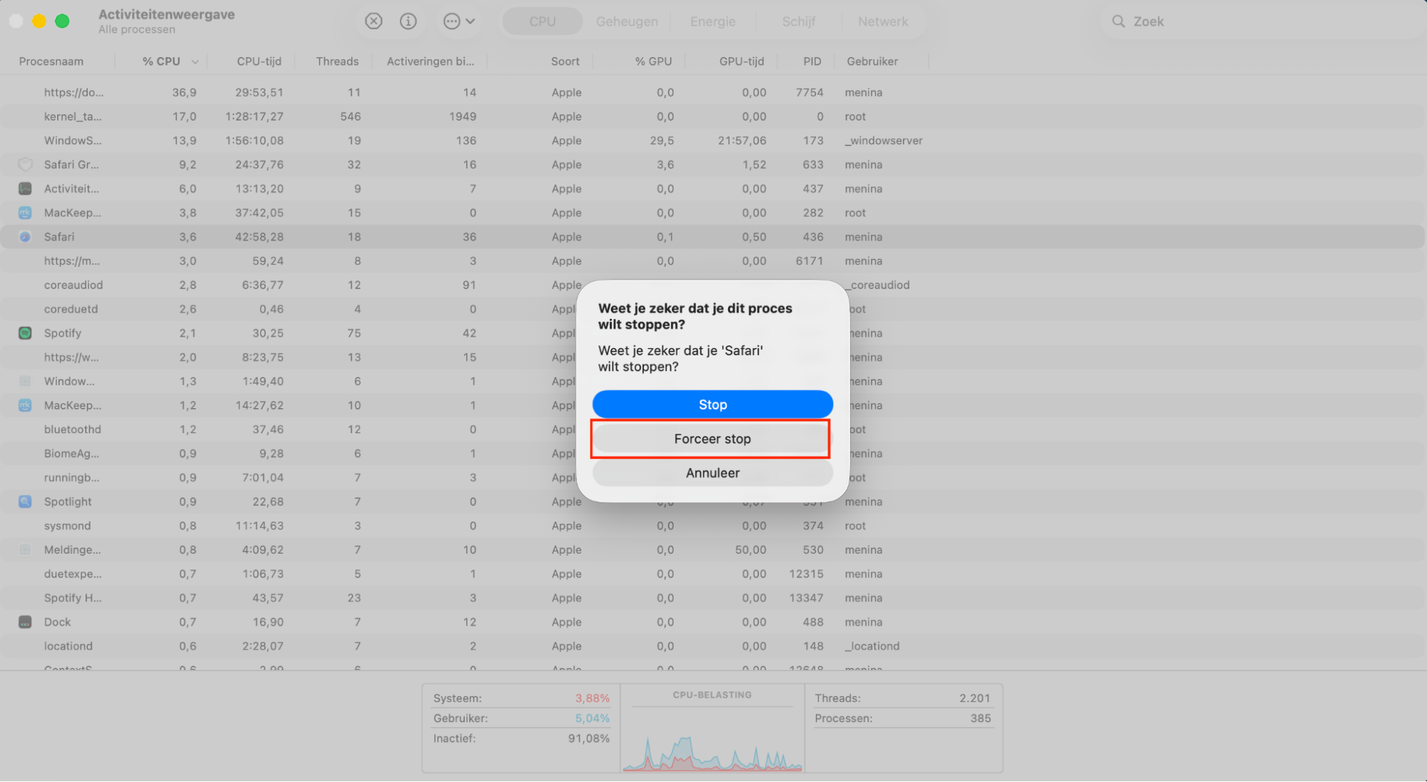 Een bevestigingsvenster om een actief proces te stoppen in Activiteitenweergave op de Mac. Als je tijdens het controleren op malware een verdacht proces vindt, forceer dan het stoppen voordat je het verwijdert.
