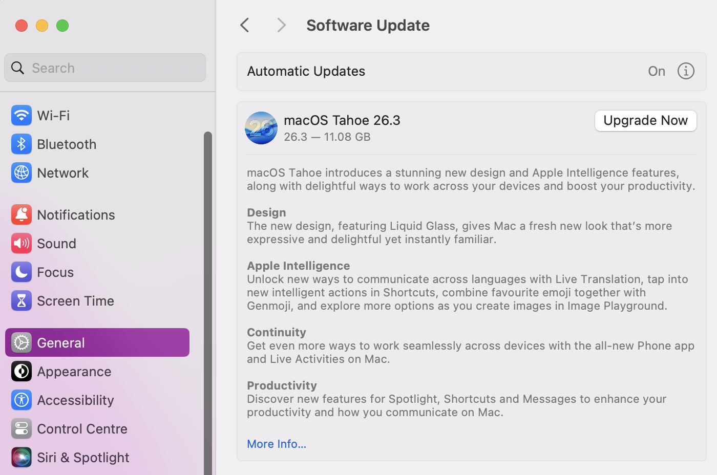 To check and update macOS, navigate to the Software Update tab via your System Settings. If there is a new patch or version to download, click on Update Now and follow the on-screen instructions.