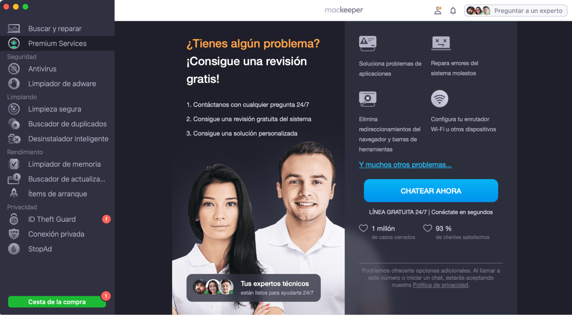 Para resolver tu problema con la unidad USB, consulta a los expertos técnicos de MacKeeper. Inicia nuestra aplicación, ve a Premium Services y haz clic en Chatear ahora.