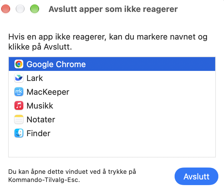 Etter å ha trykket på riktig tastekombinasjon kan du nå velge appen du vil tvinge til å avslutte, fra vinduet som åpnes. Dette bør bidra til å få Macen til å fungere igjen hvis en app fryser eller gjør at Macen ikke svarer.
