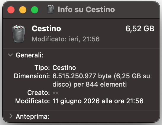 La finestra Info del Cestino in macOS che mostra le statistiche della cartella Cestino. Puoi controllare la dimensione del Cestino nell’angolo in alto a destra.