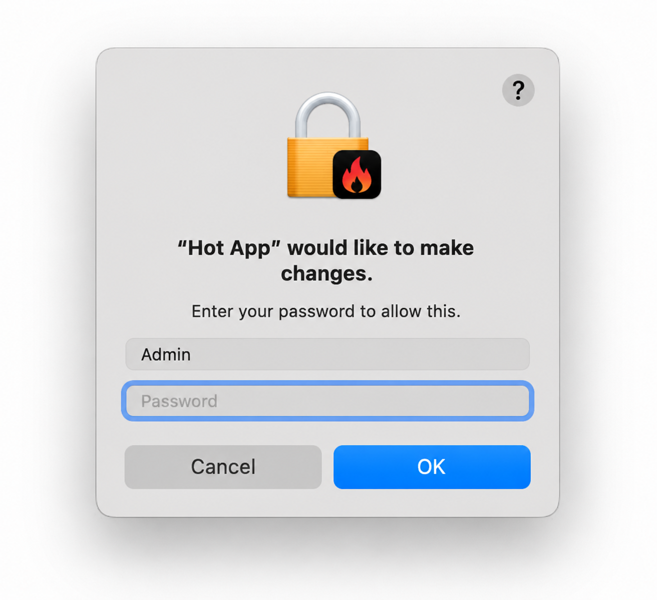 Admin password prompt on macOS asking Hot App to make changes, where you enter your administrator password and click OK to allow it.