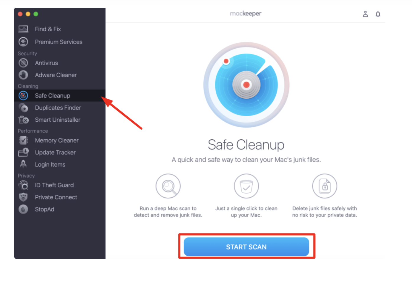 To clean up your Mac before a gaming session, go to Cleaning after downloading MacKeeper. Then, navigate to Safe Cleanup and select Start Scan at the bottom of your screen.