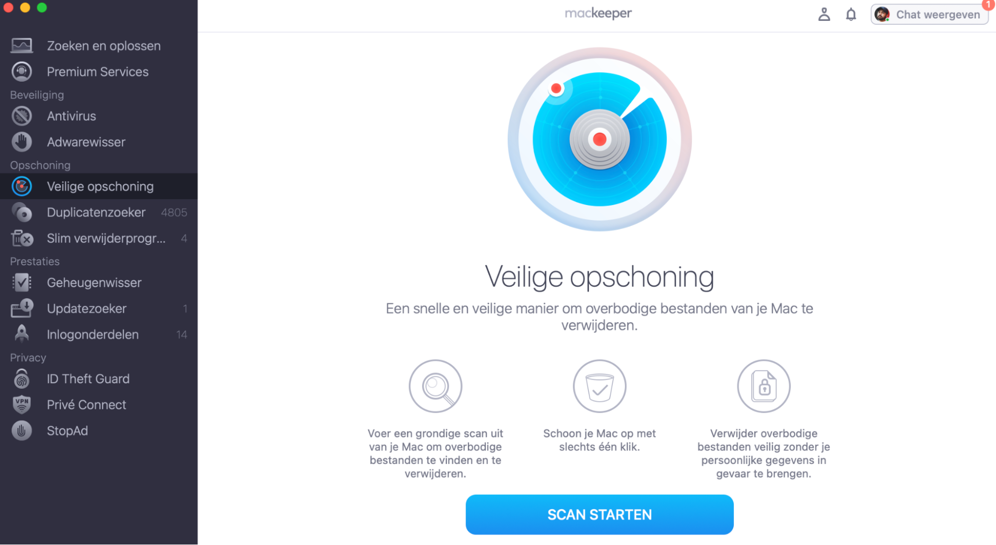 Om browsercookies en cachebestanden van je Mac te verwijderen met MacKeeper, open je MacKeeper, selecteer je Veilige Opschoning in de zijbalk en klik je op Scan starten.