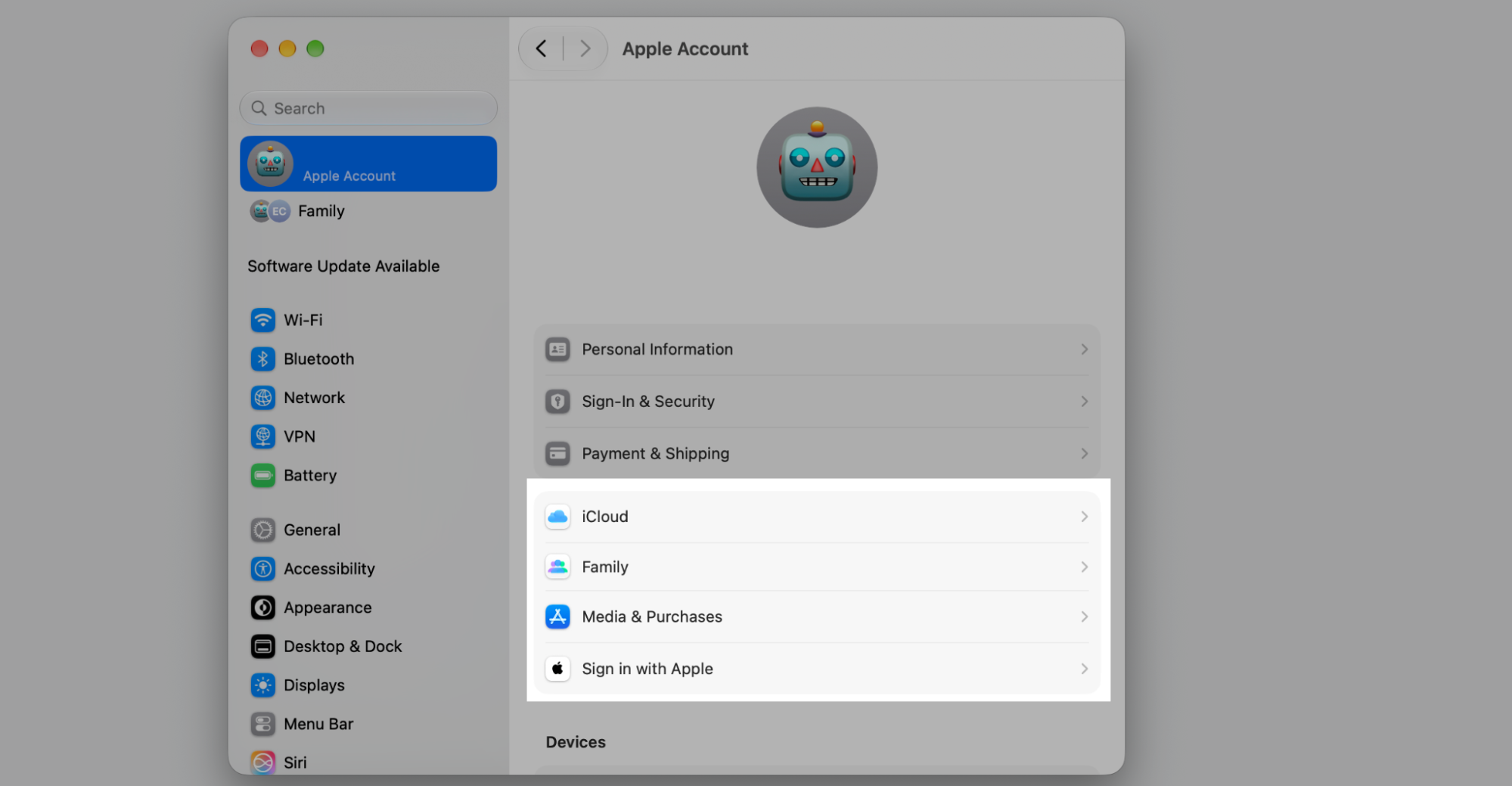 Apple Account pane in macOS System Settings highlighting the iCloud, Family, and Media & Purchases services you can open to manage.