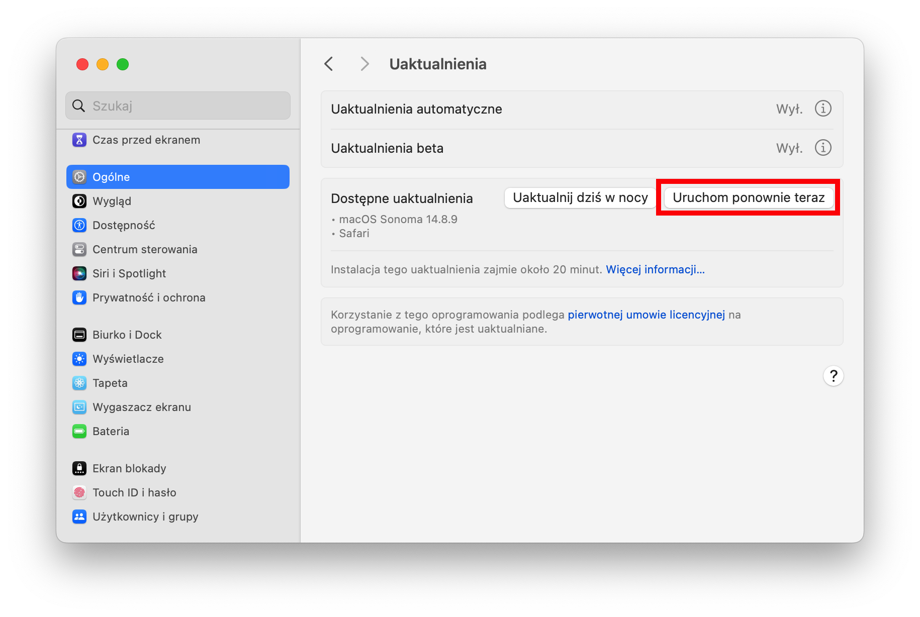 Aby zaktualizować macOS do najnowszej wersji obsługiwanej przez Twojego Maca, kliknij przycisk Aktualizuj teraz.