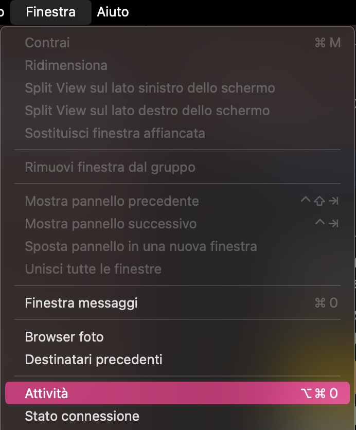 Dopo aver aperto l’app Mail sul Mac, visualizzala a schermo intero per accedere al sottomenu Finestra. Da lì, clicca su Finestra e scorri per selezionare Attività.