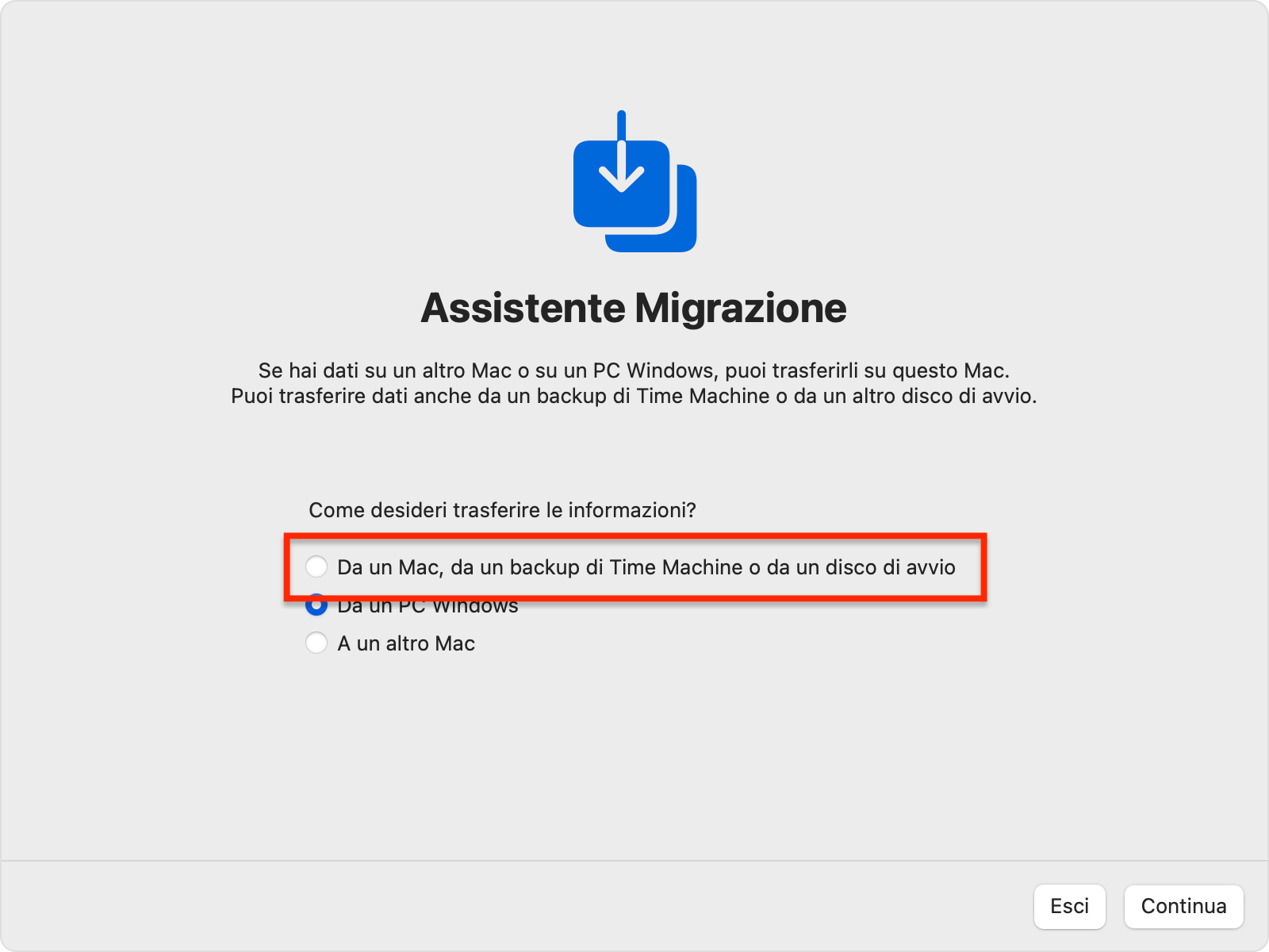 In Assistente Migrazione, selezionare Da un Mac, backup di Time Machine o disco di avvio, quindi fare clic sul pulsante Continua.