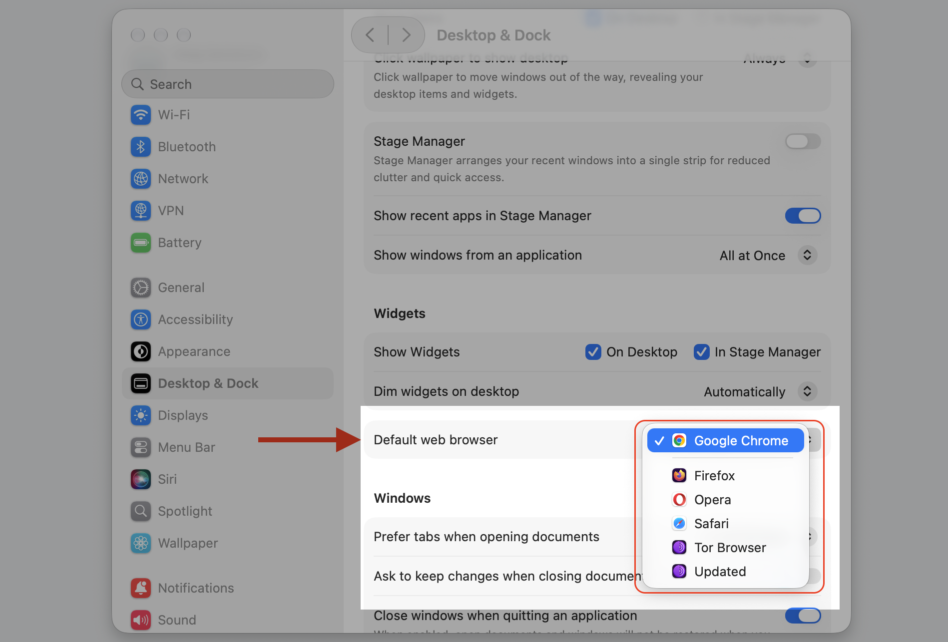Desktop & Dock settings on an Apple computer with the Default web browser dropdown open to pick a browser instead of Avast.