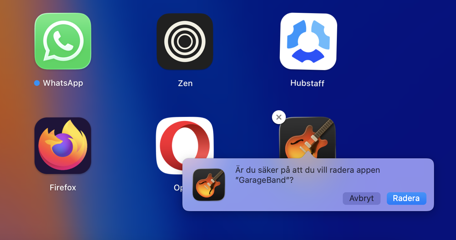 Ett popup-fönster i det öppnade Launchpad-fönstret för att avinstallera program.
