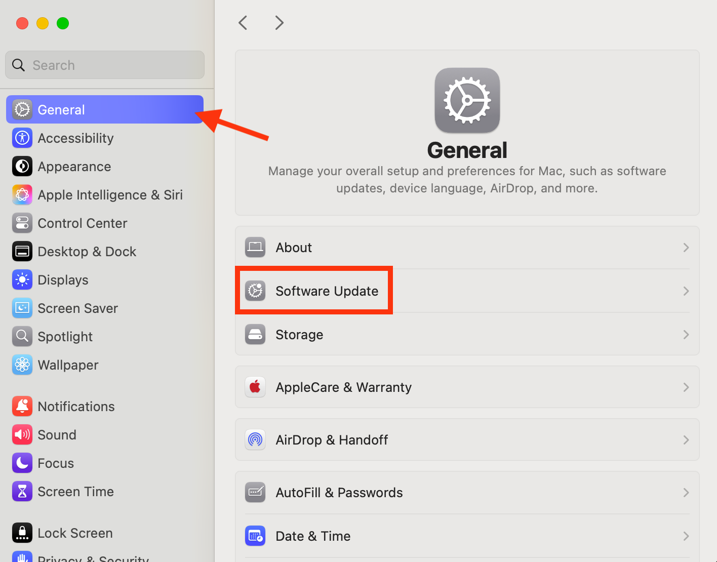 The General menu inside System Settings on Mac. You can try updating macOS to fix corespotlightd issues; simply select Software Update to see if a new version is available to download.