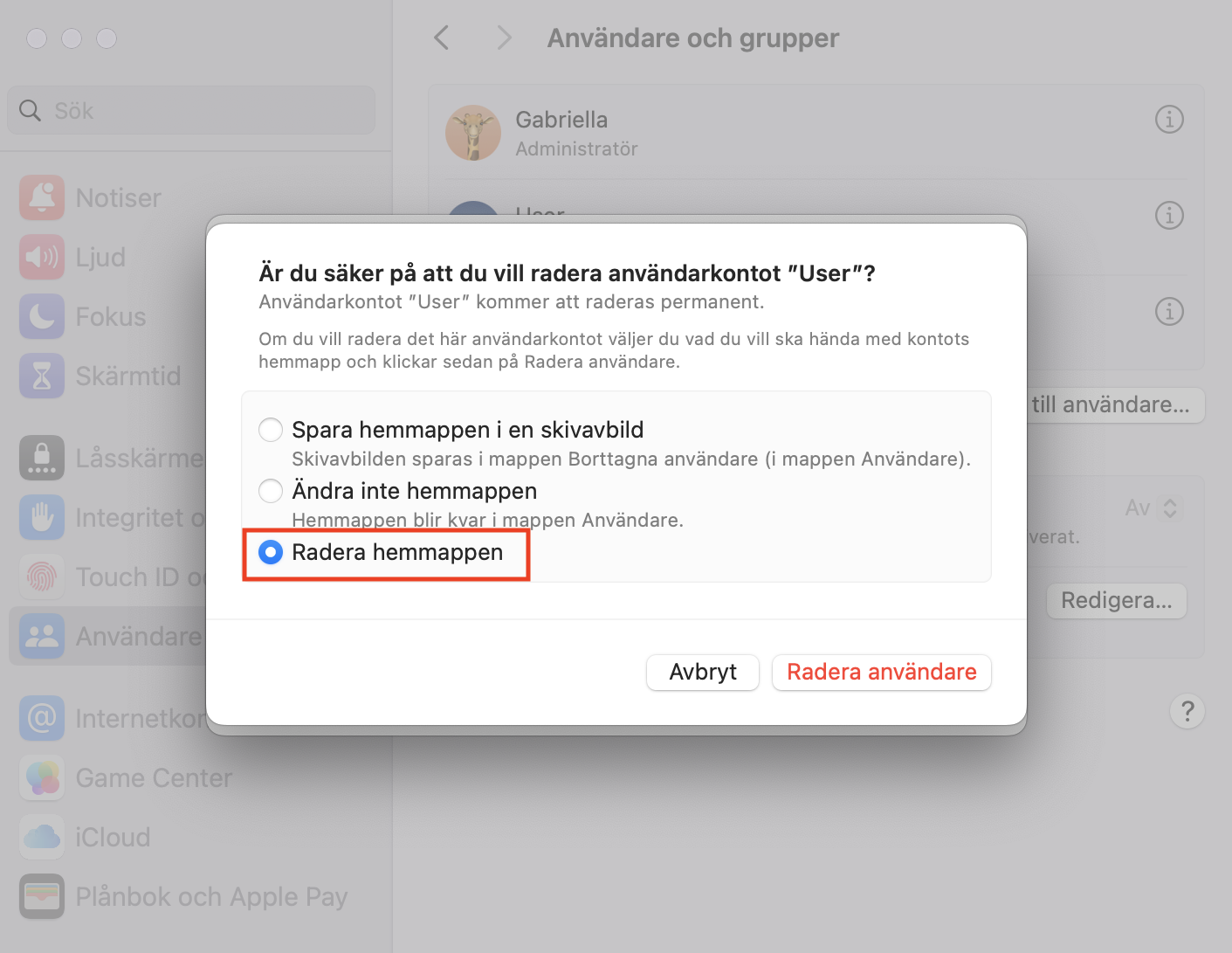 För att radera en oönskad profil på macOS, välj alternativet Radera hemmappen och klicka sedan på knappen Radera användare.