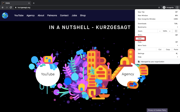 Google Chrome window with a menu and cast option highlighted