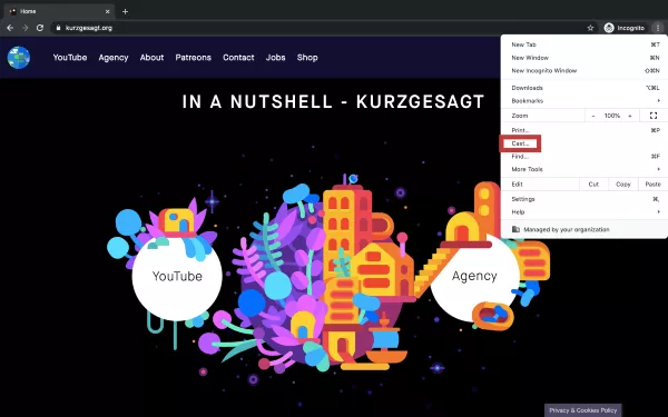 Google Chrome window with a menu and cast option highlighted