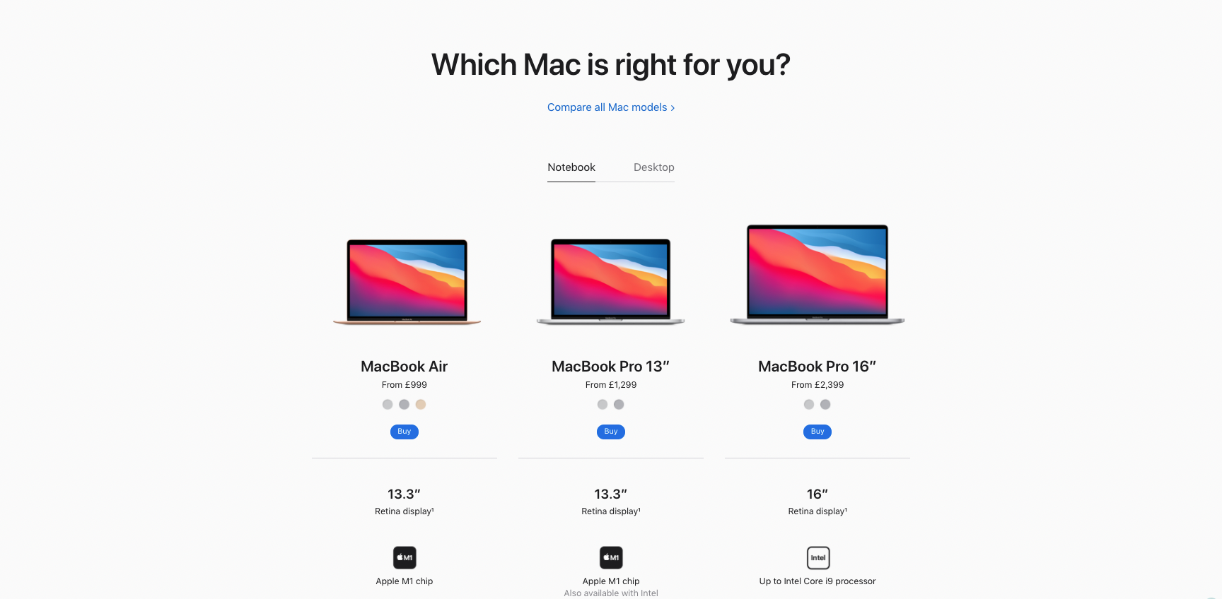 Basic Mac options shown, within the Notebook category, as a quick visual comparison of main characteristics and price.